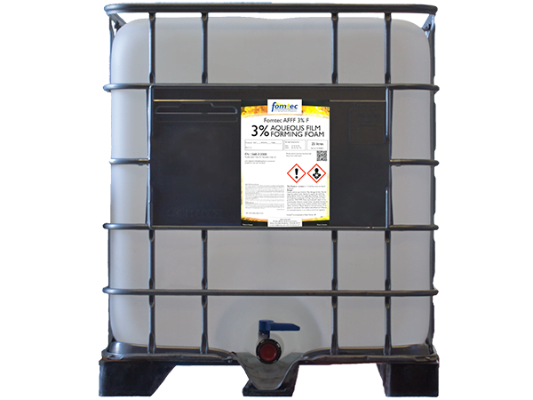 An IBC container of Fomtec AFFF 3% F foam, tailored for industrial fire suppression systems with high demand.